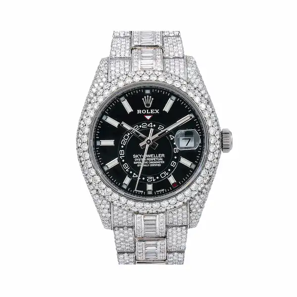 Moneybagg-yo-watch-collection-rolex-sky-dweller-black-dial-iced-out-diamonds