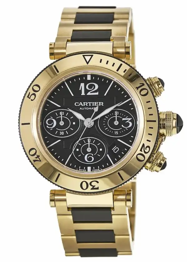 Usher-watch-collection-Cartier-Pasha-Chronograph-gold-black-dial