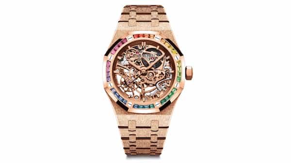 J-balvin-spotted-wearing-audemars-piguet-royal-oak-openworked-double-balance-wheel-frosted-rose-gold-rainbow-sapphires