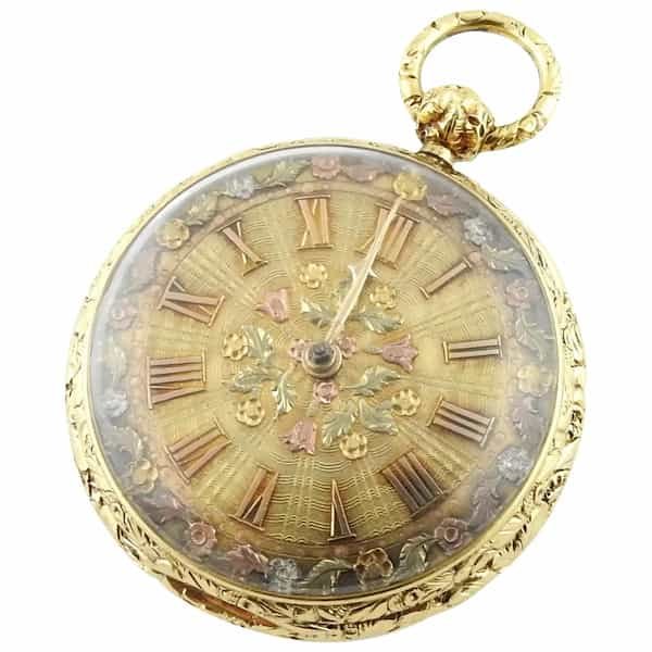 Verge Crown Wheel Key Winding 18K Yellow Gold Ornate Pocket Watch