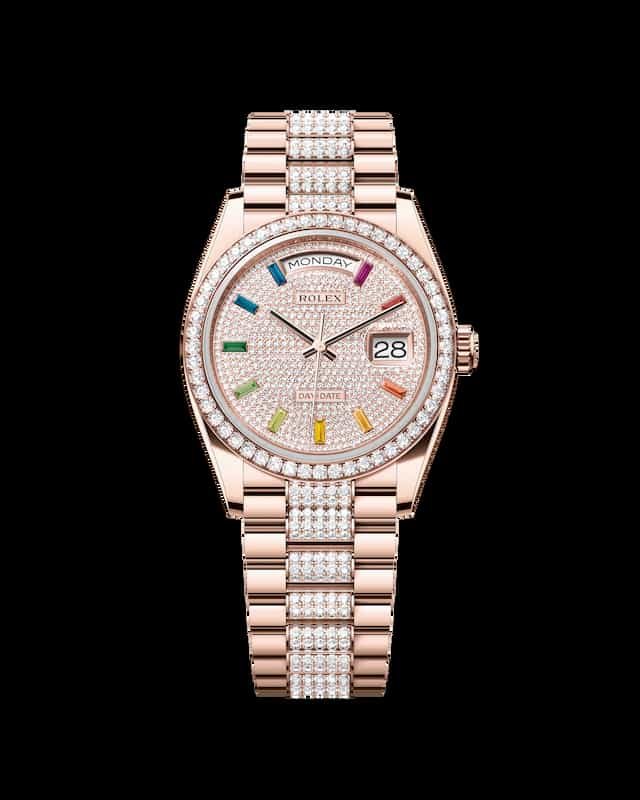Shakira-watch-collection-rolex-day-date-36-pave-rainbow-diamond-dial-ever-rose-gold-128345RBR