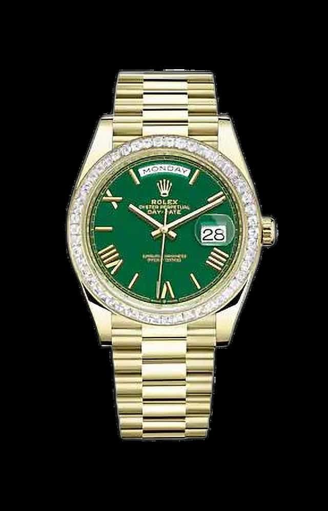 Shubman-gill-watch-collection-Rolex-Day-Date-40-Matte-Green-Roman-Dial-Baguette-Set-Diamond-Bezel-228398TBR-0039