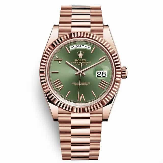 vinicius-jr-watch-collection-rolex-day-date-everose-gold-olive-green-dial-228235