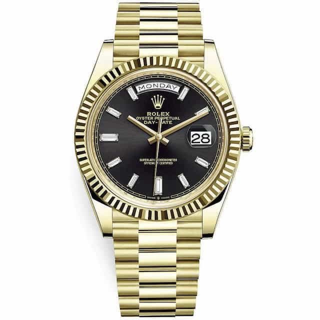 Jimmy-Fallon-Watch-Collection-Rolex-Day-Date-40-18k-Yellow-Gold-Black-Baguette-Diamond-DIal-228238 (1)